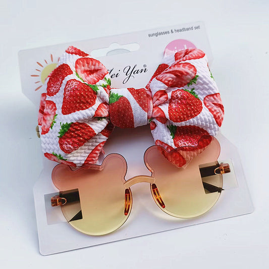 Cute Kids Bow &  Sunglasses (White, Red Strawberries)