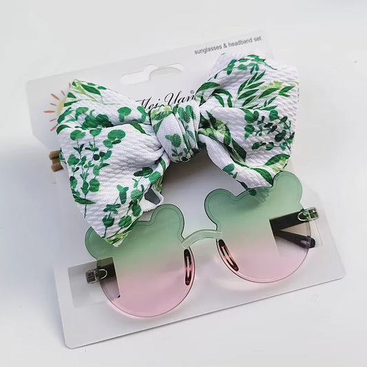 Cute Kids Bow &  Sunglasses (White, Green Floral)