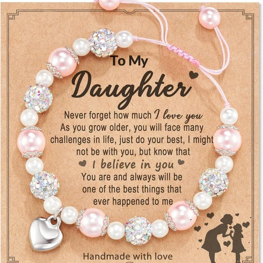 To My Daughter Beaded Bracelet (White, Pink, Silver)