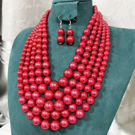 Five Layer Fashion Pearl Necklace Set (Red)