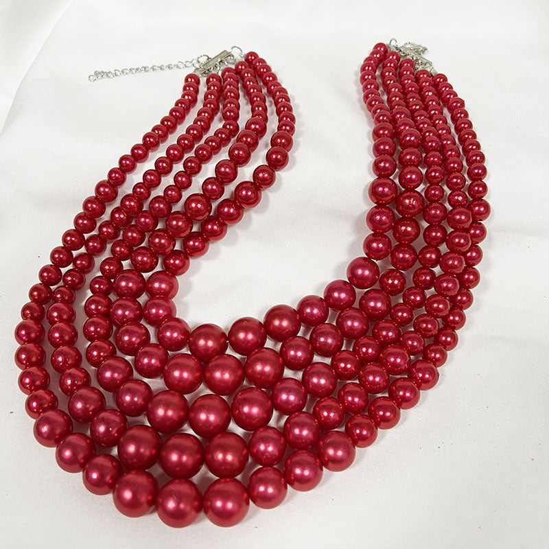 Five Layer Fashion Pearl Necklace Set (Red)
