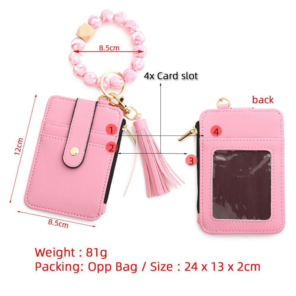 Beaded Bracelet Keychain Wristlet Wallet Card Holder with Zipper Pocket (Pink)