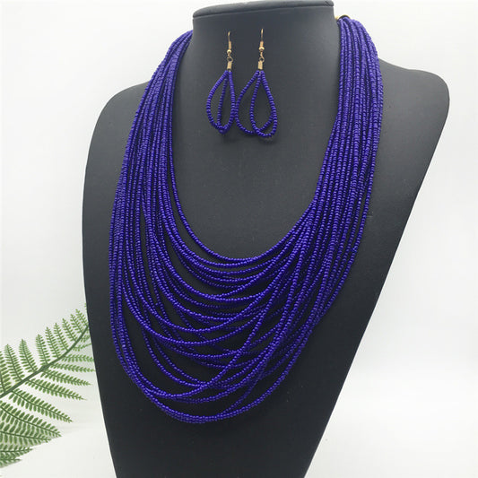 Long Boho Seed Bead Necklace Set (Blue)