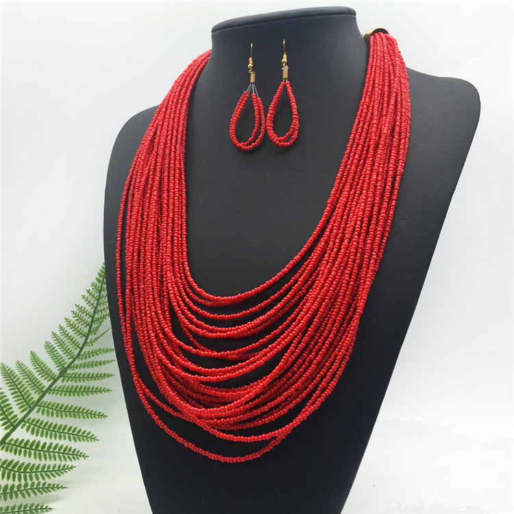 Long Boho Seed Bead Necklace Set (Red)
