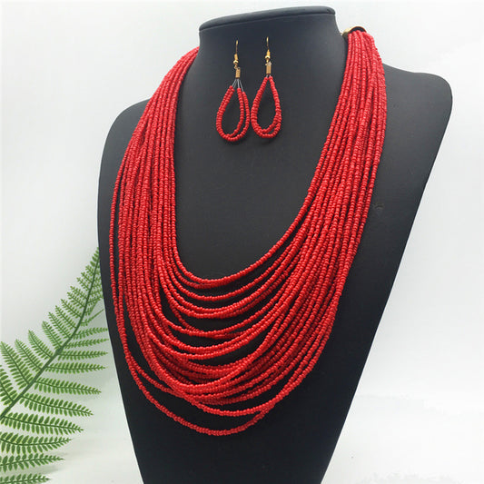 Long Boho Seed Bead Necklace Set (Red)