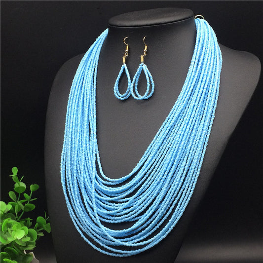Long Boho Seed Bead Necklace Set (Baby Blue)