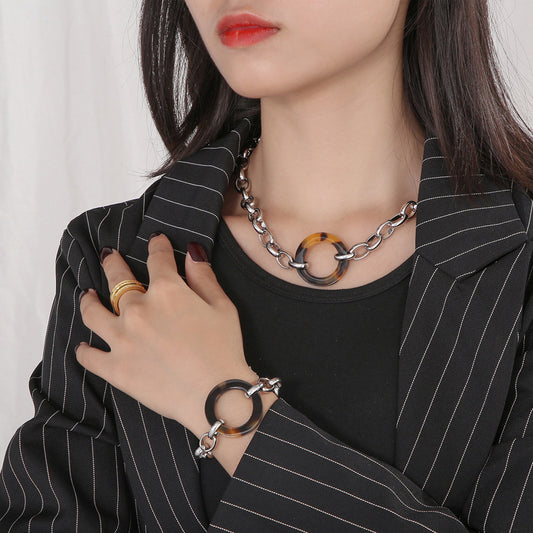 Necklace & Bracelet Set (Silver, Brown, Black)