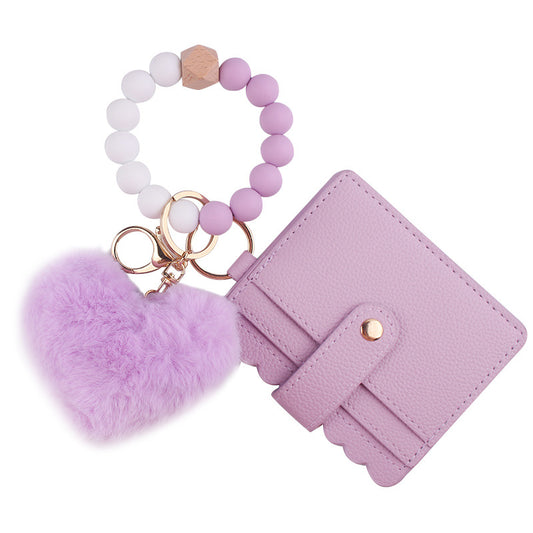 Beaded Bracelet Keychain Wristlet Wallet Card Holder with Zipper Pocket (Fuzzy Purple Heart)