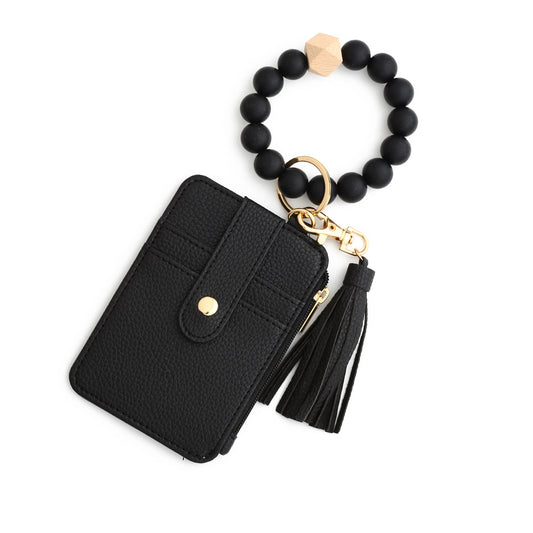 Beaded Bracelet Keychain Wristlet Wallet Card Holder with Zipper Pocket (Black)