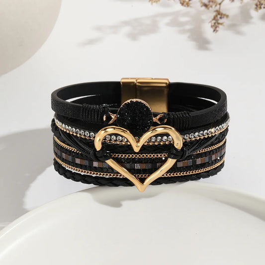 Elegant Classic Style Heart Shape Bracelet (Black, Gold)