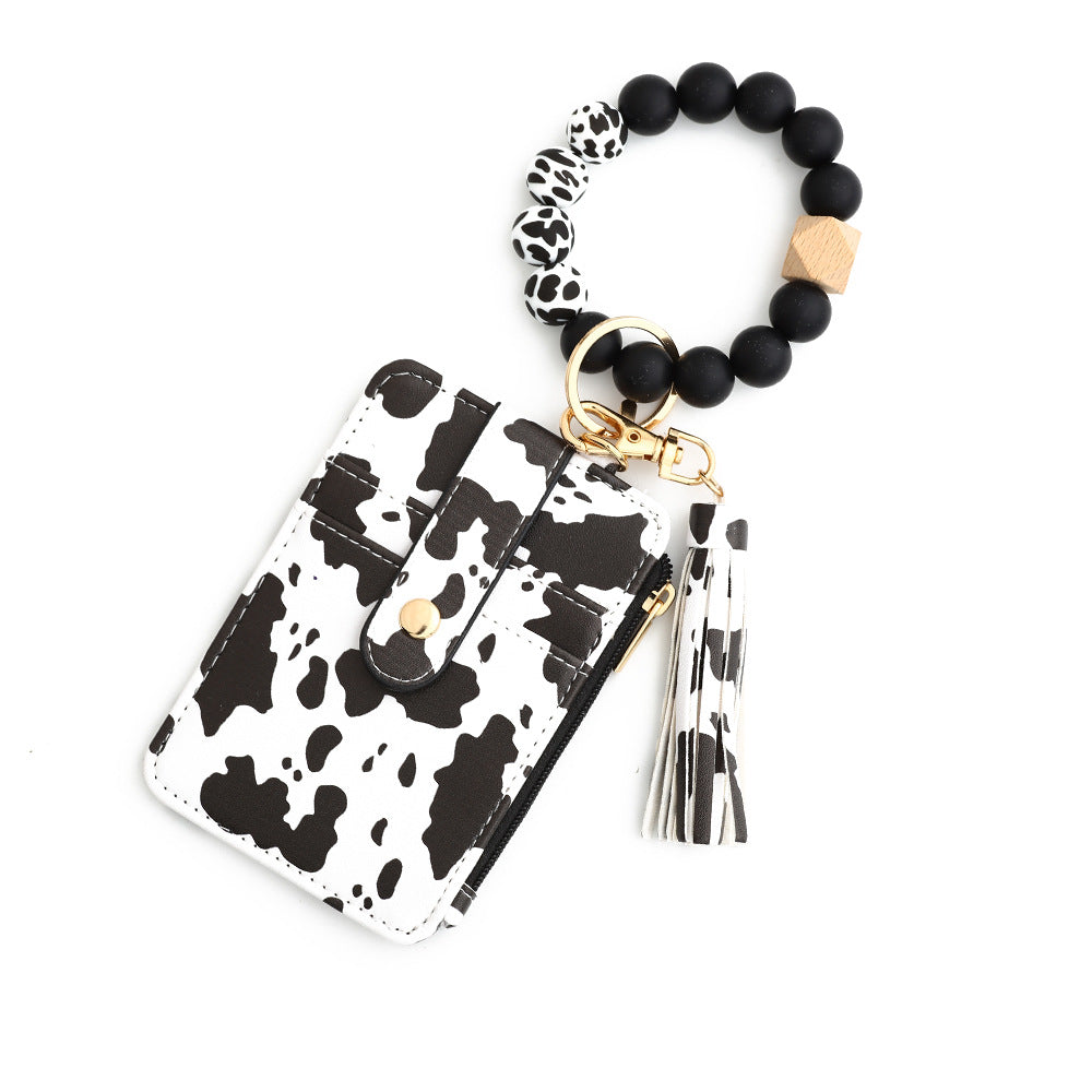 Beaded Bracelet Keychain Wristlet Wallet Card Holder with Zipper Pocket (Multicolor - Animal Print))