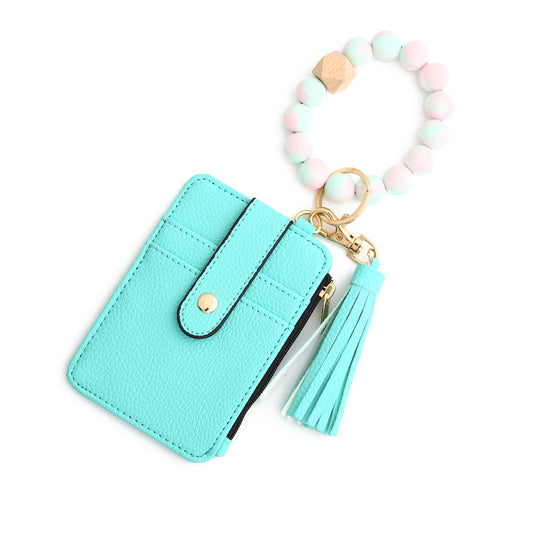 Beaded Bracelet Keychain Wristlet Wallet Card Holder with Zipper Pocket (Turquoise)