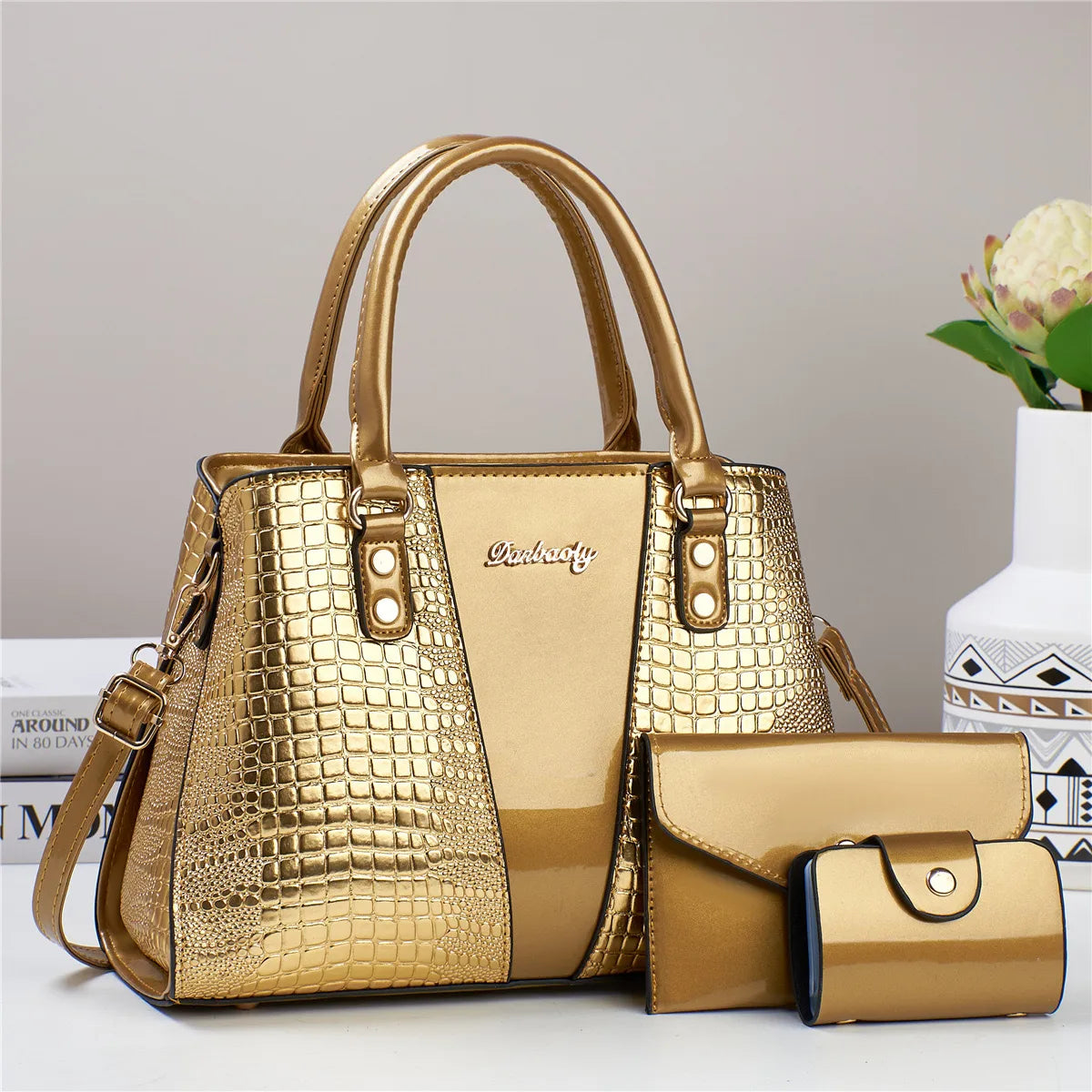 3-Piece Luxe Croc Handbag Set (Gold) Price Includes Shipping!