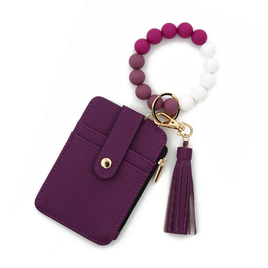 Beaded Bracelet Keychain Wristlet Wallet Card Holder with Zipper Pocket (Multicolor, Deep Purple)