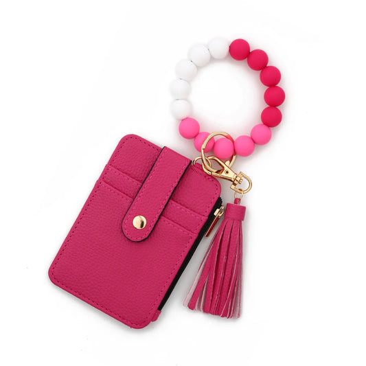 Beaded Bracelet Keychain Wristlet Wallet Card Holder with Zipper Pocket (Multicolor, Rose Pink)