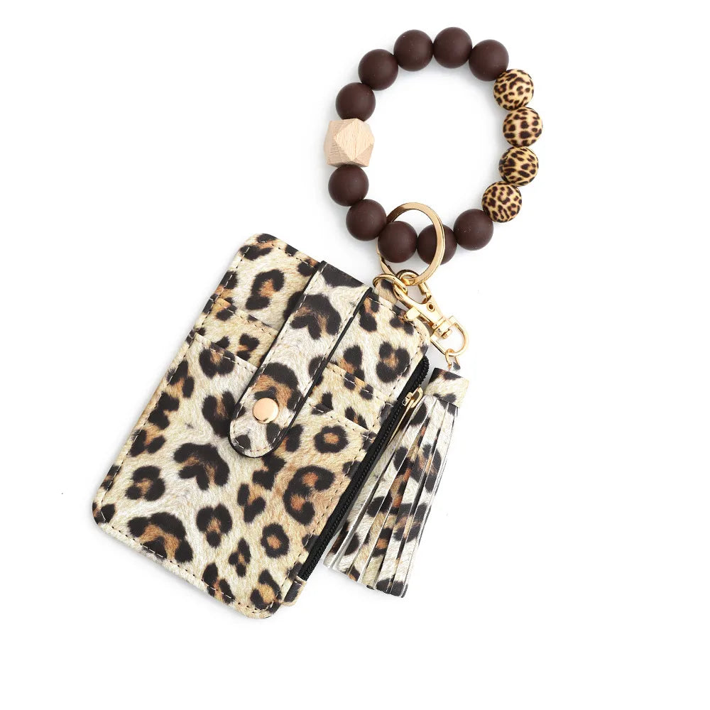 Beaded Bracelet Keychain Wristlet Wallet Card Holder with Zipper Pocket (Multicolor, Leopard)
