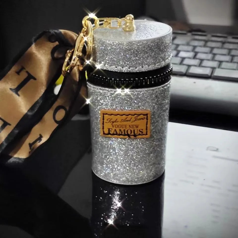 Glam Glitter Lipstick/Chapstick Holder Keychain (Silver)