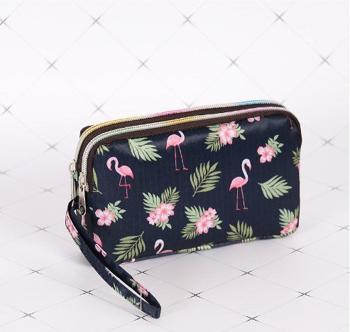 Flamingo Double Zipper Wristlet  Bag (Navy Blue, Pink, Green, Multi Colors)